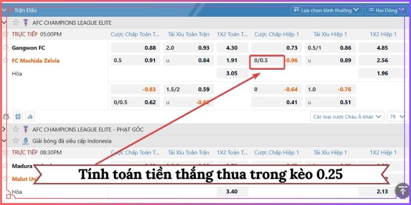 Tính toán tiền thắng thua trong kèo 0.25